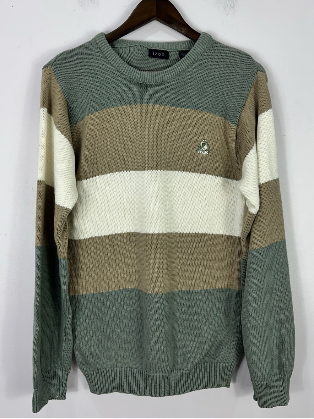 Izod Men's Crewneck Sweater in Sage, Tan & Cream